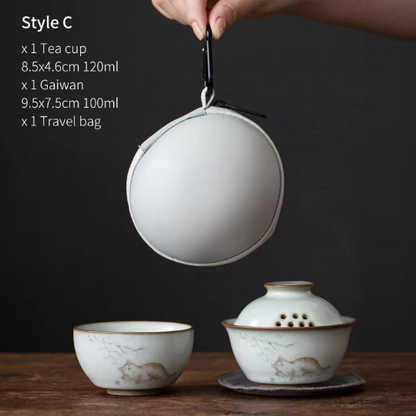 Lovely Cat Portable Travel Tea Set with Travel Case