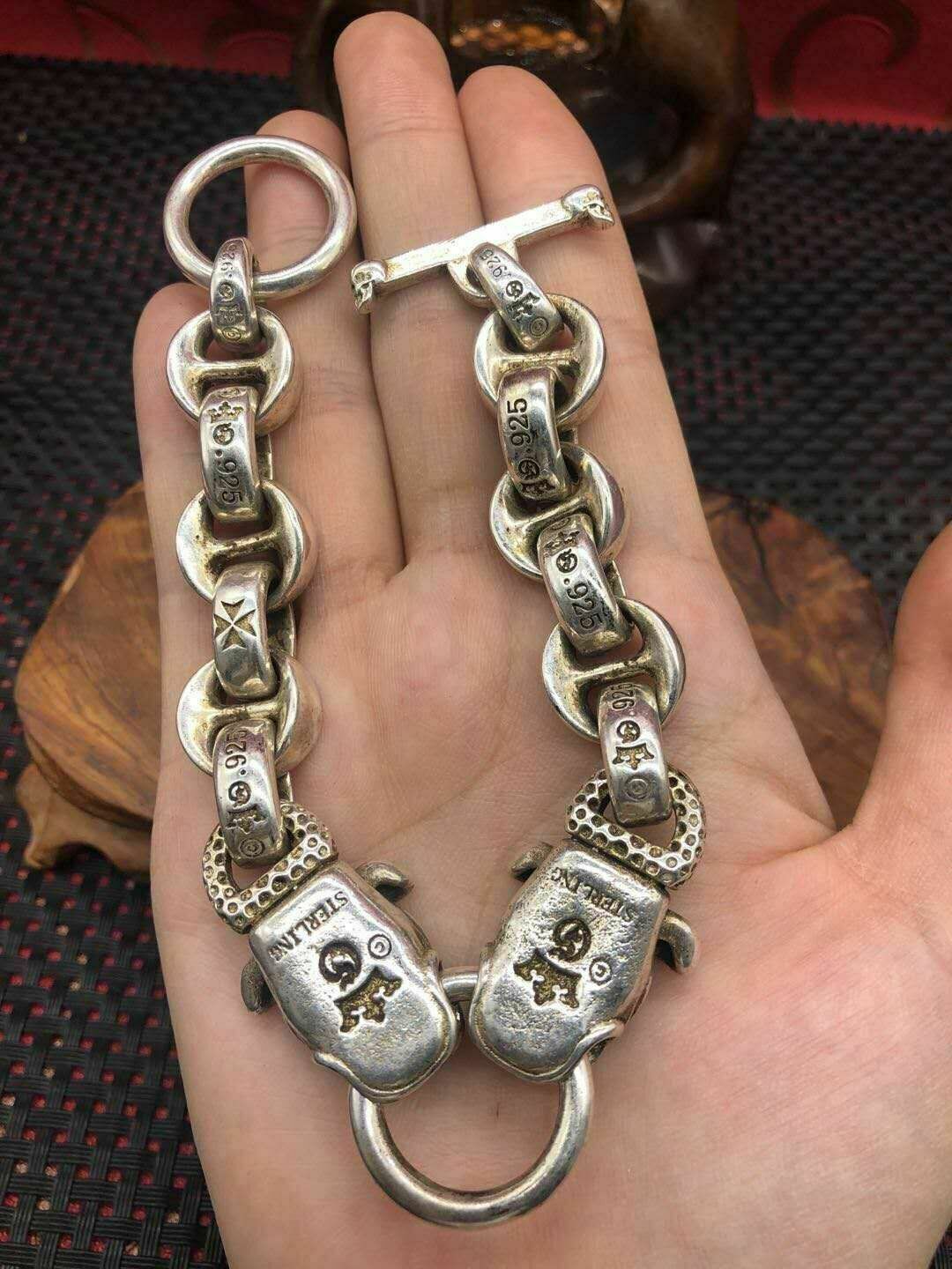 Asian chinese old miao silver hand cast dog statue bracelet jewel cool gift
