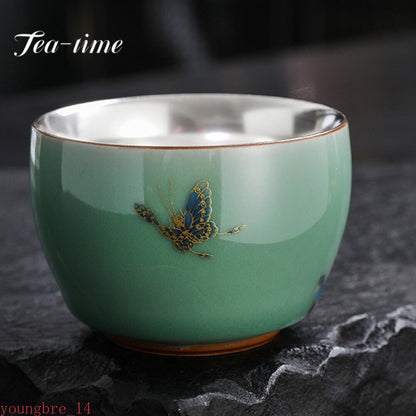120ml Chinese Silver Gilding Ceramic Teacup Ancient Water Cup Master Tea Bowl