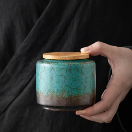 Green Ceramic Tea Storage Cansiter with Bamboo Lid