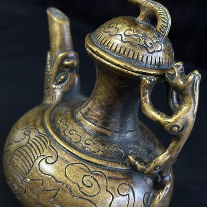 Vintage Brass Beast Handle Teapot Antique Collectible Bat Pattern 14cm