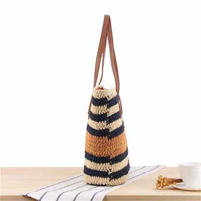 All-match Striped One-shoulder Bag for Women Summer Travel Straw Beach Tote Bag