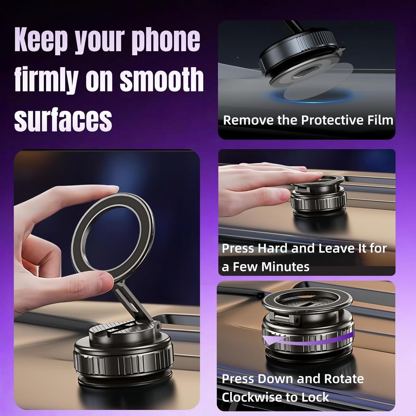 Magnetic Vacuum Car Phone Holder with Strong Suction Cup 360° Adjustable Foldabl