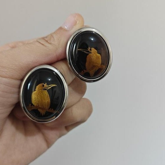 Handmade Lacquer Earrings Golden Bird Pattern New Chinese Minimalist Studs
