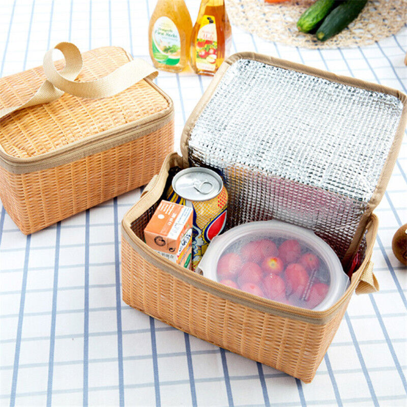 Straw Woven Waterproof Insulated Thermal Bento Lunch Tote Bag Travel Picnic.t2