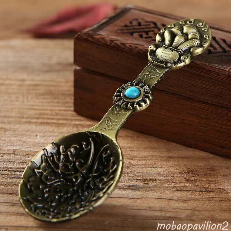 Gold Buddhist Spoon Inlaid Gem Alloy Handicraft Auspicious Tibetan Buddhism Supp