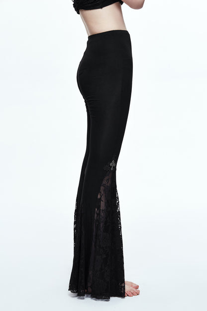 Women Gothic Sexy Lace Stretch Leggings Steampunk High Waist Black Flare Pants