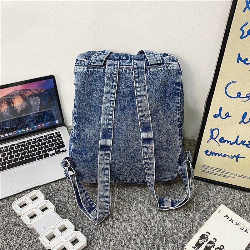 Women Backpack Large Capacity Daypack Denim Rucksack School Bag Retro 33*13*37CM