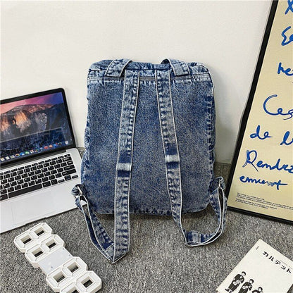 Women Backpack Large Capacity Daypack Denim Rucksack School Bag Retro 33*13*37CM