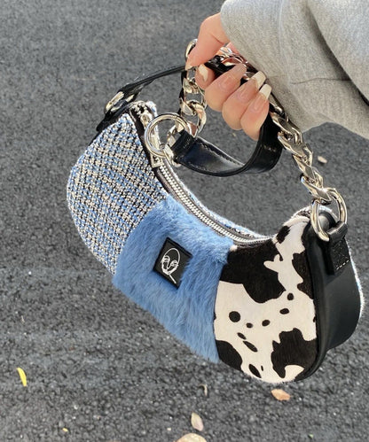 Patchwork Plush Bag Vintage Zipper Chains Aesthetic Purse 32*12*4 CM Blue 1 PC