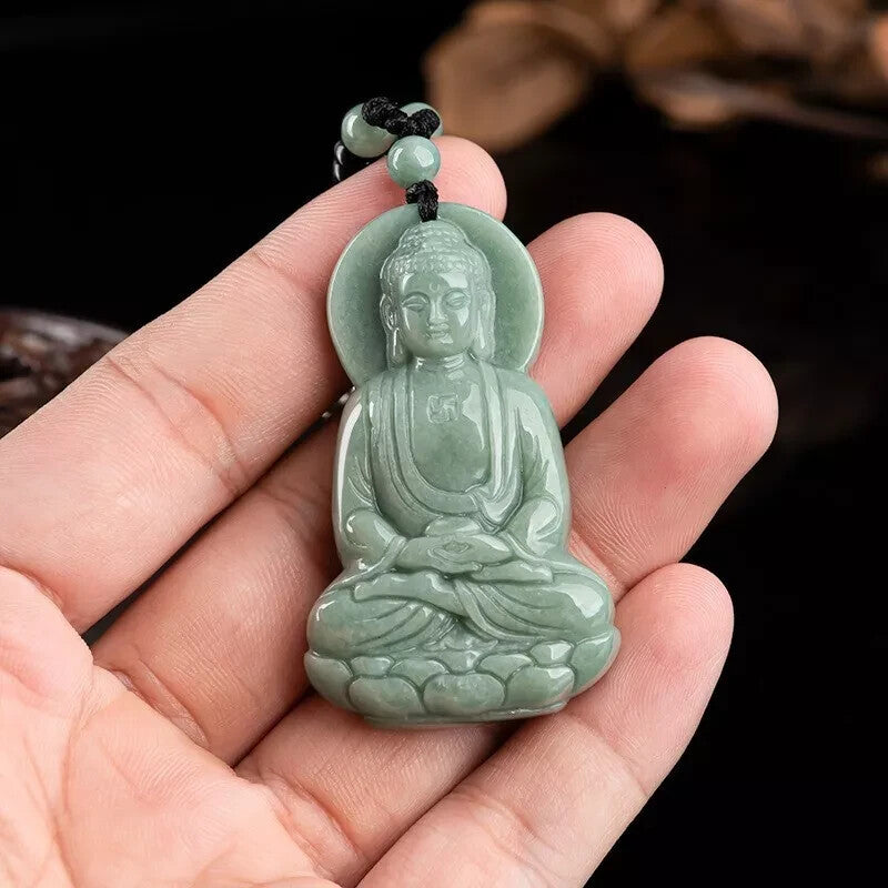 Grade A Natural Jadeite Guanyin Buddha Amitabha Ice Jade Pendant A-Quality