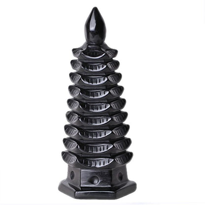 10cm Natural Obsidian Wen Chang Pagoda Feng Shui Ornament for Study Career