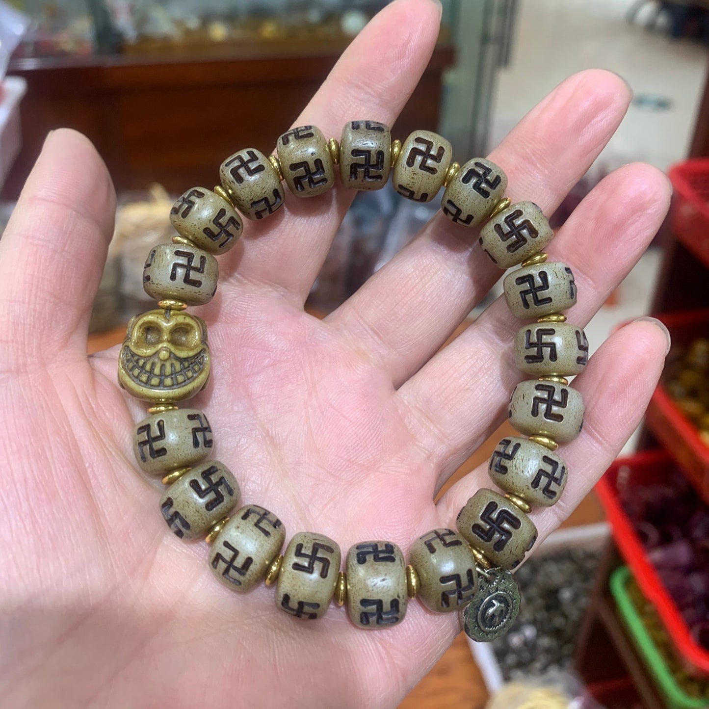 Vintage Bracelet Swastik Swastika Buddhism Prayer Bead Chain Amulet