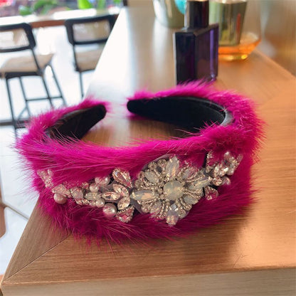 Women Headband Luxurious Faux Fur Crystal Hairband Casual Adult Hair Accessories
