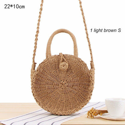Straw Bags Round Woven Handmade Summer Beach Circle Crossbody Shoulder Bag 1 PC