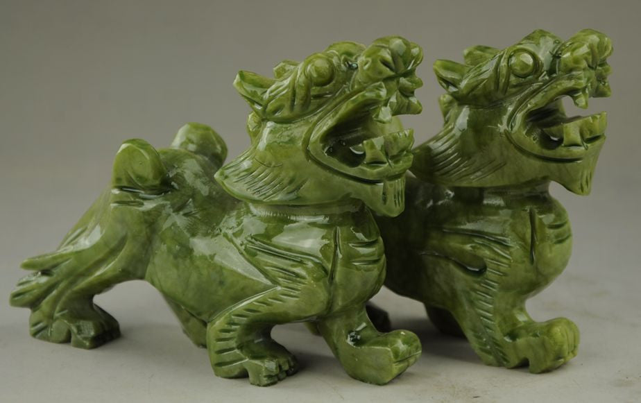 Chinese Natural green Jade Dragon Pixiu Statue Pair
