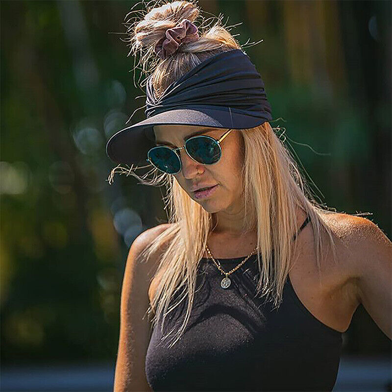 Women Turban Sun Visor Hat Cap Sports Wide Brim Stretchable Golf Hijab Ponytail