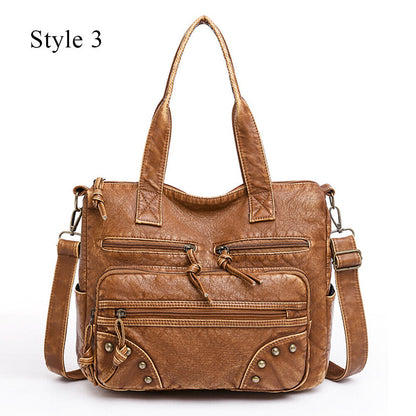 Soft PU Leather Handbags Many Pockets Messenger Bag Washed Leather Shoulder Bag