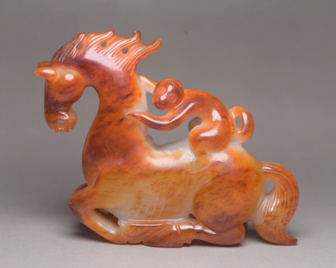 Collection China Hetian Jade Carved Horse Monkey Statue Exquisite Figurines Rare