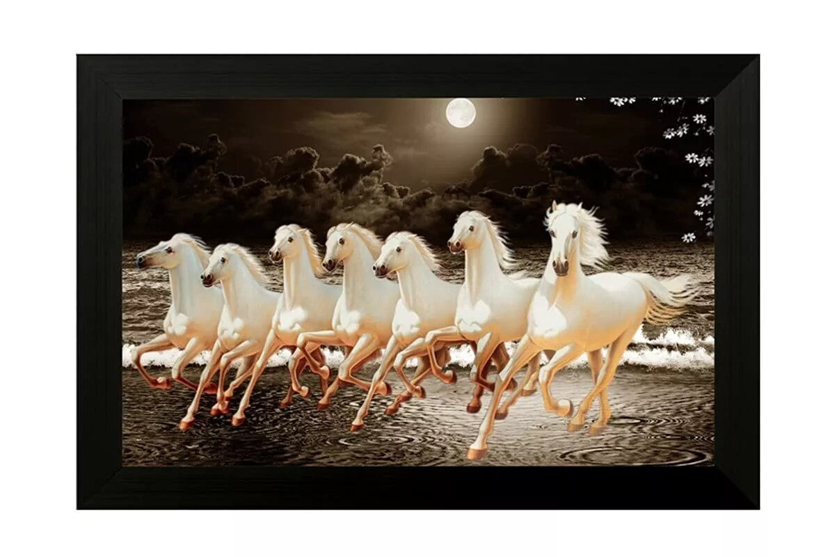 Seven Lucky Running Vastu Horses Art Framed Painting 20 Inch X 14 Inch