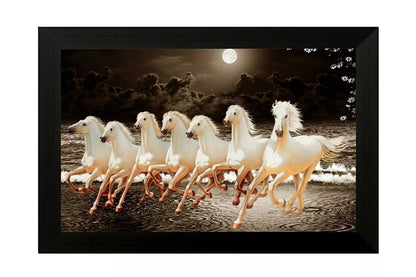 Seven Lucky Running Vastu Horses Art Framed Painting 20 Inch X 14 Inch