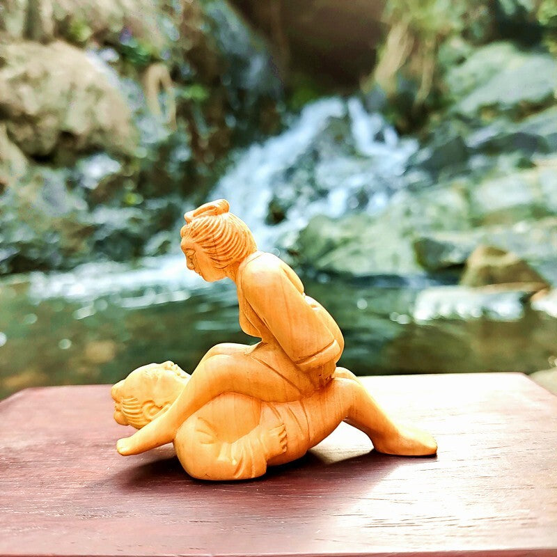 Natural Boxwood Carved Sexing Statue Couples Wood Figure Oriental Style