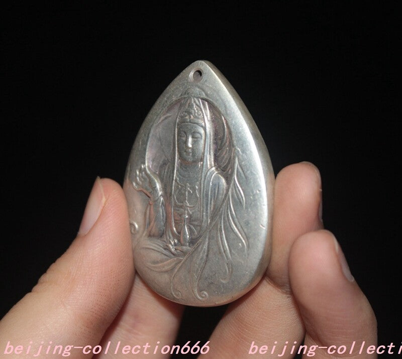 2"in Buddhism Temple Tibetan Silver Feng Shui Guanyin Exorcism Pendant Chinese