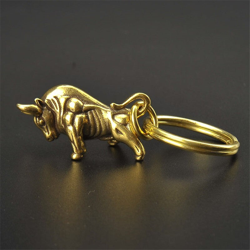 Pure Brass Bull Keychain Pendant Ring Hanging Ornament Miniature Tea Pet Craft