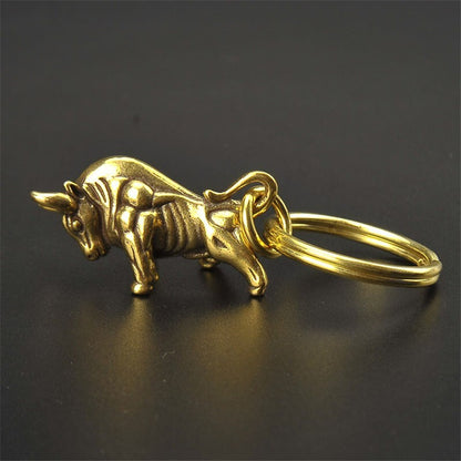 Pure Brass Bull Keychain Pendant Ring Hanging Ornament Miniature Tea Pet Craft