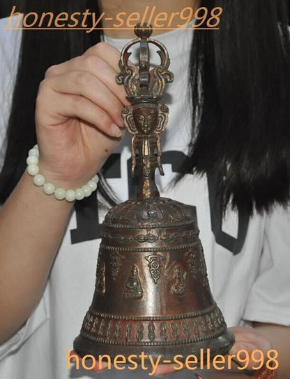10"Ancient Tibet Temple Bronze Gilt Tara Statue Exorcism Bell Chung Chimes Clock