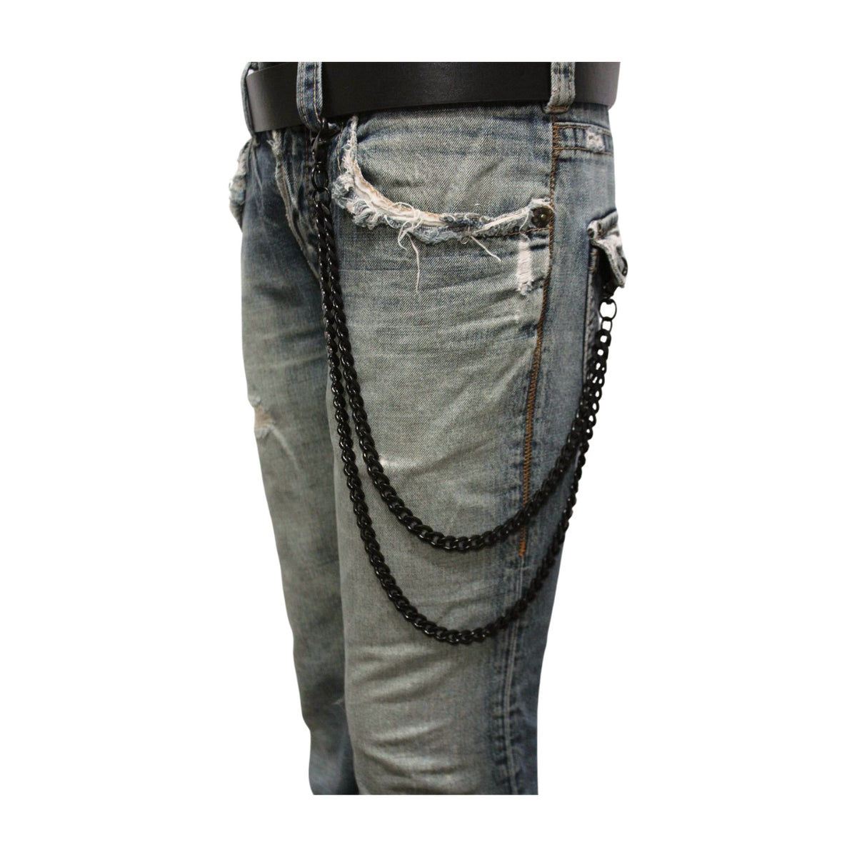 Men Black Metal Wallet Chain Links 2 Strands Keychain Jeans Pant Loop Clasp Ring