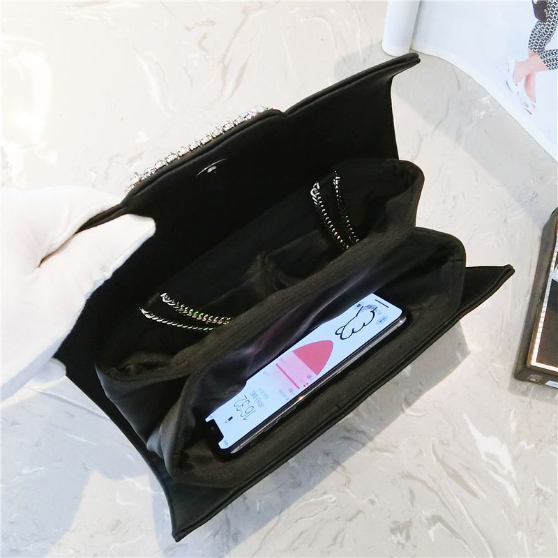 Women Black Evening Clutch Party Diamonds Shoulder Chain Purse Handbags Silk 1PC