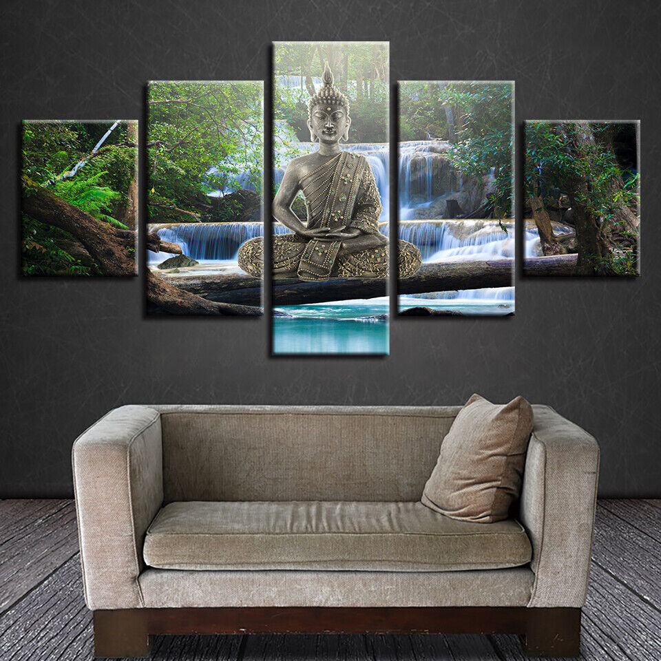 Buddha Meditation Statue Waterfall Scenery Canvas Prints Painting Wall Art Decor