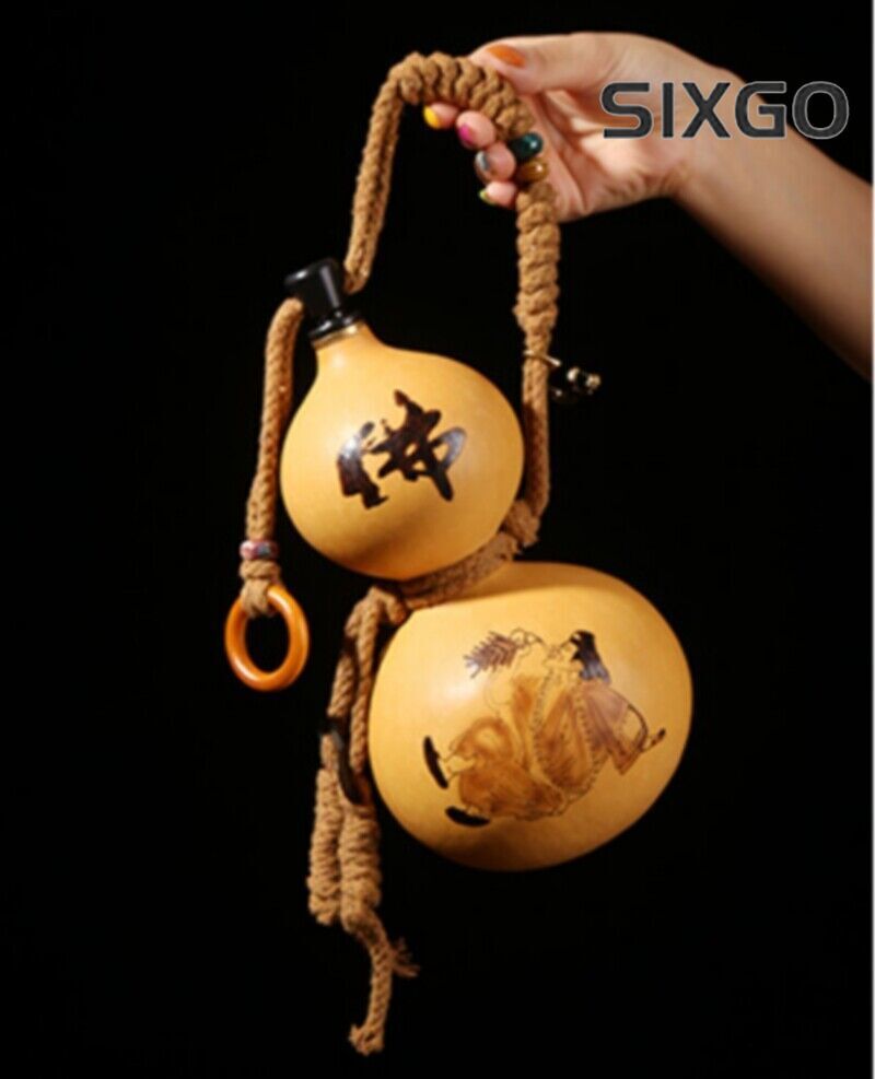 5" Natural Wine Gourd Carved Ji Gong Buddhist Monk Out Water Calabash Bottle