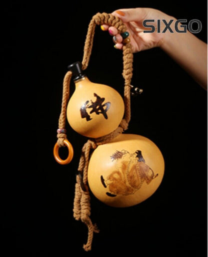 5" Natural Wine Gourd Carved Ji Gong Buddhist Monk Out Water Calabash Bottle