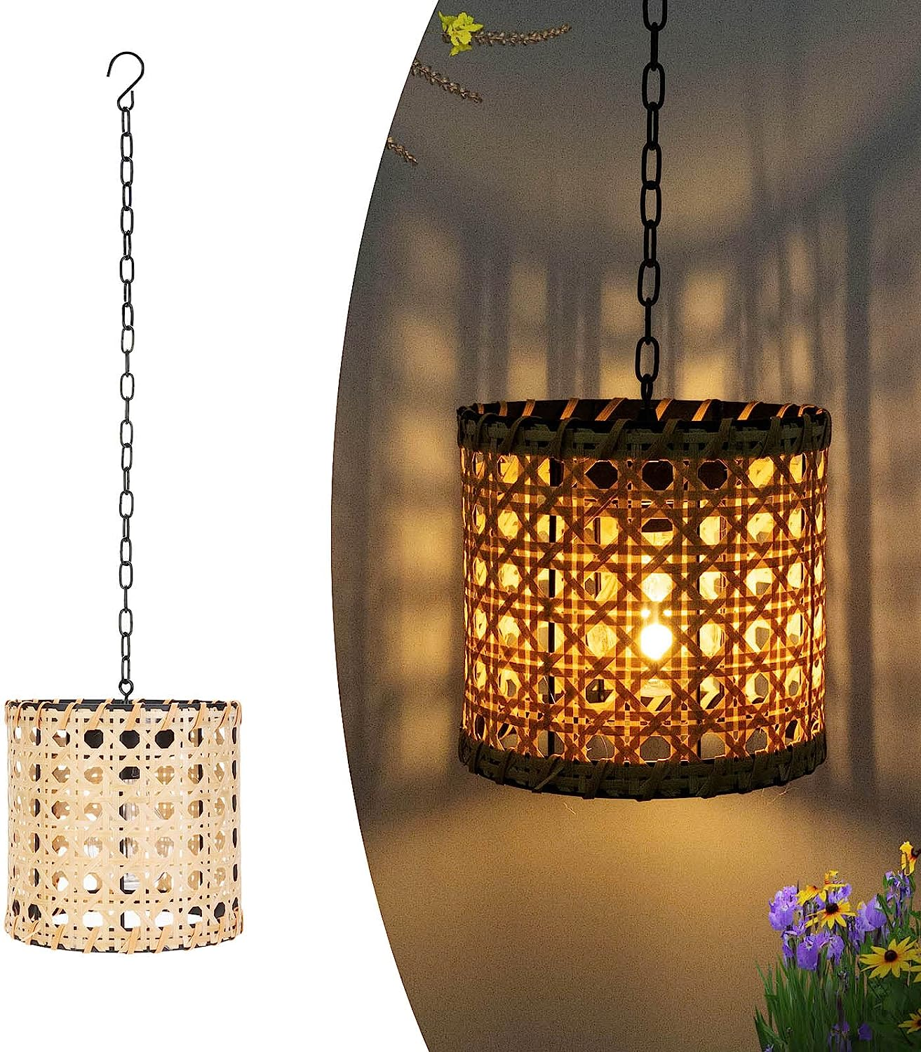 Retro Solar Hand Woven Bamboo Tube Lamp Outdoor Waterproof Decorative Hanging