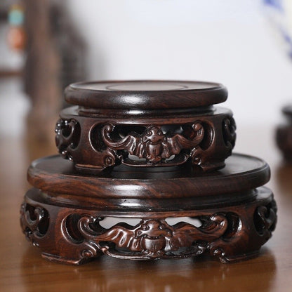 Round Ebony Pedestal Wood Carving Teapot Base Buddha Flowerpot Display Stand New