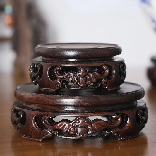Round Ebony Pedestal Wood Carving Teapot Base Buddha Flowerpot Display Stand New