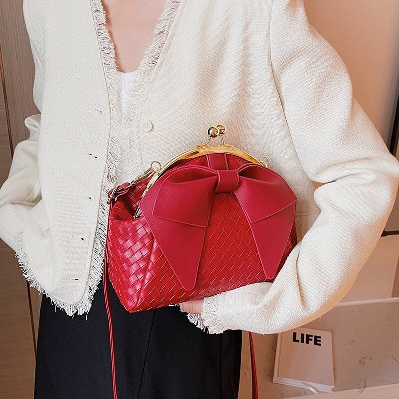 Handbag With Thick Bow Pleated Shoulder Clutch Purses Crossbody Bag 20*23*14 CM