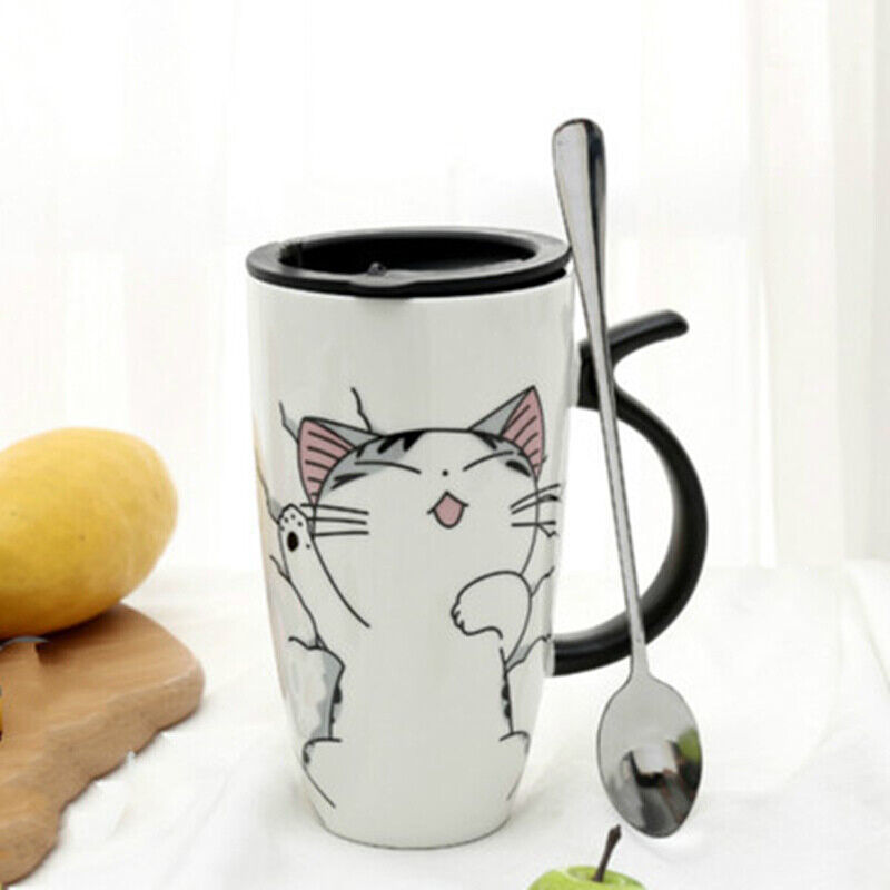 Creative Cat Ceramic Mug With Lid Spoon Cartoon Milk Tea Cup Porcelain Mug Set