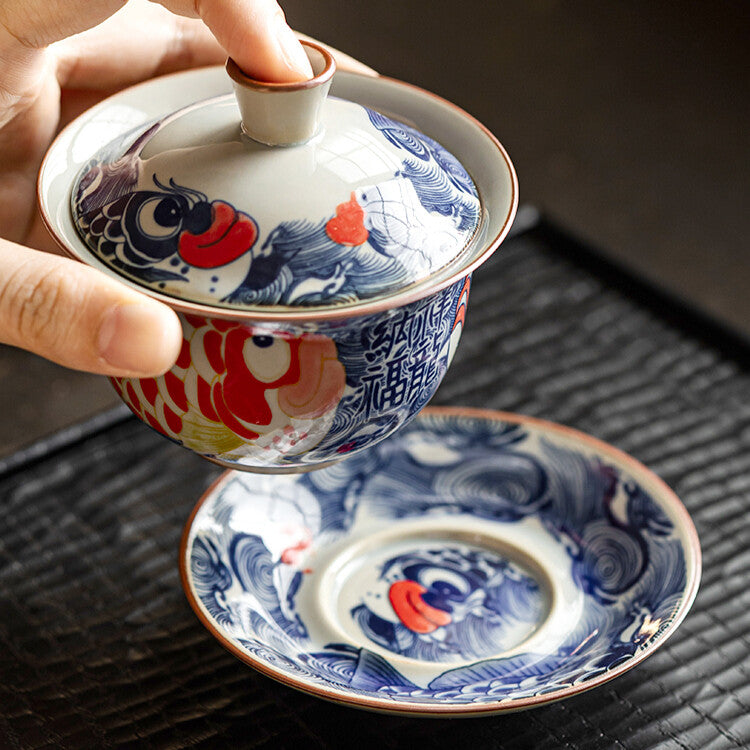 Blue and White Fish Bowl Tea Cup Tea Bowl with Cover Ceramic Home Tea Tea Set