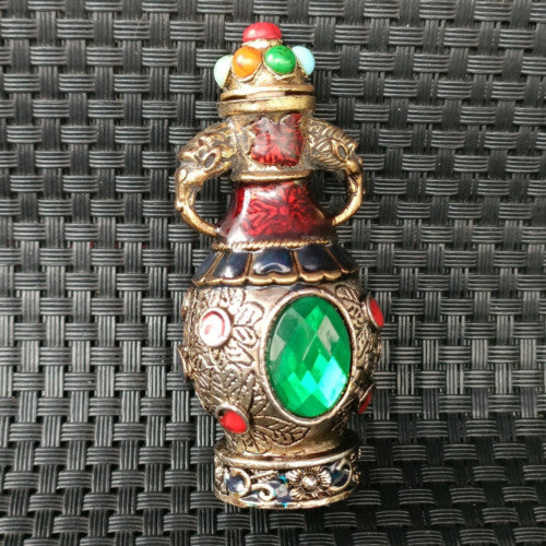 Ancient Chinese Silver and Green Faceted Gemstone Art Bottle