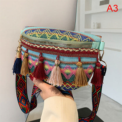 Weave Crossbody Bags Female Tassel Waist Bag Retro Leather Shoulder Packs
