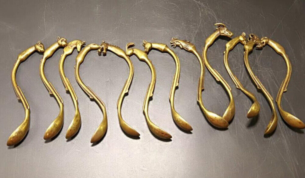 12pc Chinese Old Brass HandCarved twelve chinese zodiac signs spoon statue
