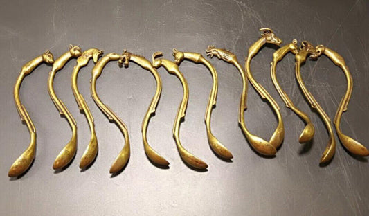 12pc Chinese Old Brass HandCarved twelve chinese zodiac signs spoon statue