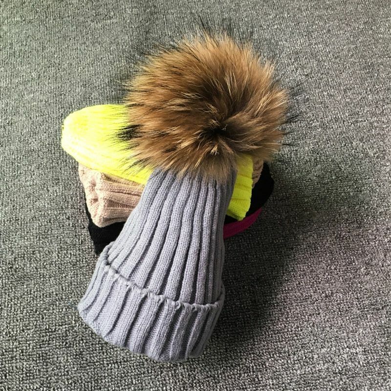 Hat Winter Fur Poms Women Knitted Beanies Cap Thick Skullies Solid Unisex Casual