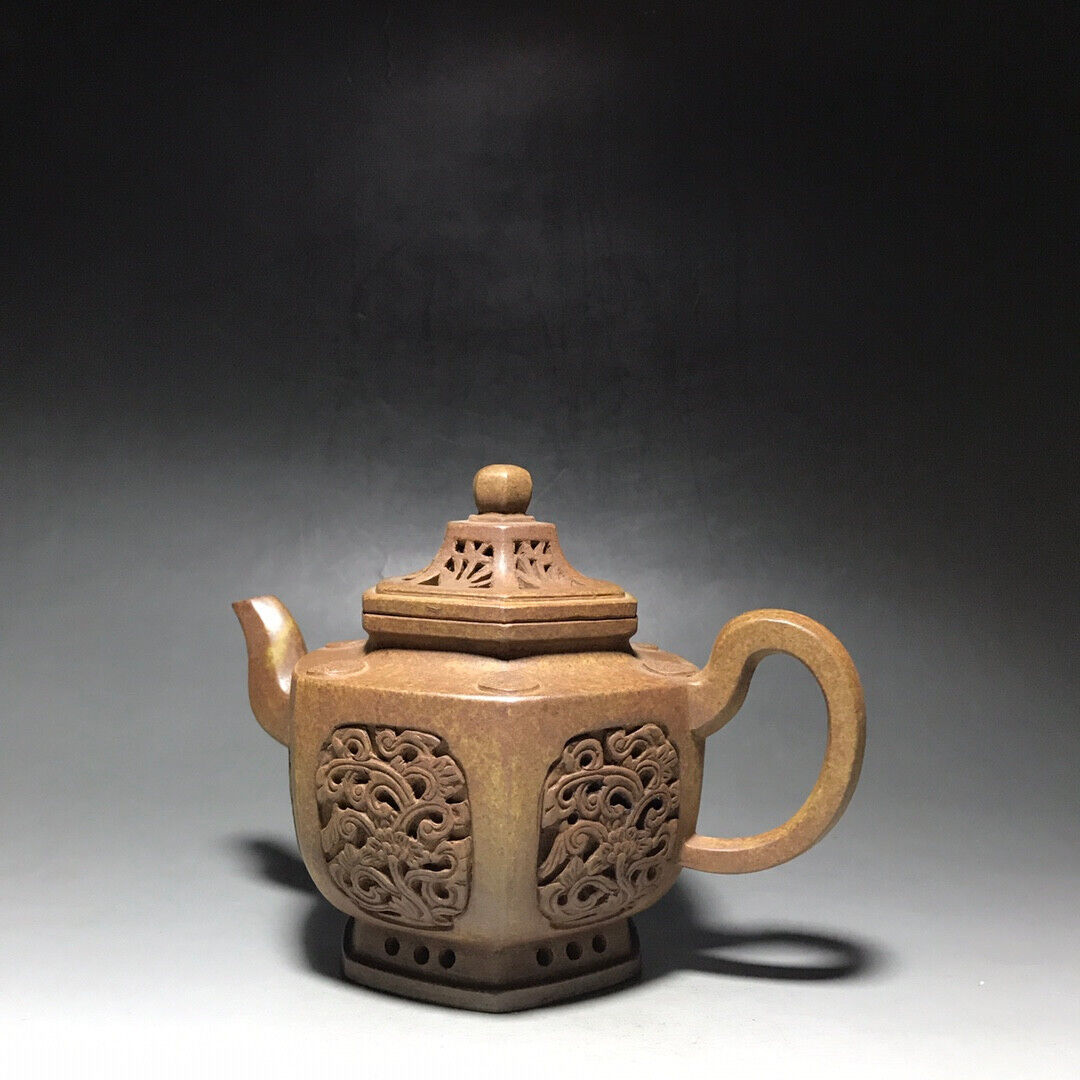 Chinese Yixing Zisha Clay Handmade Exquisite Teapot （六方镂空 底款：金鼎商标）