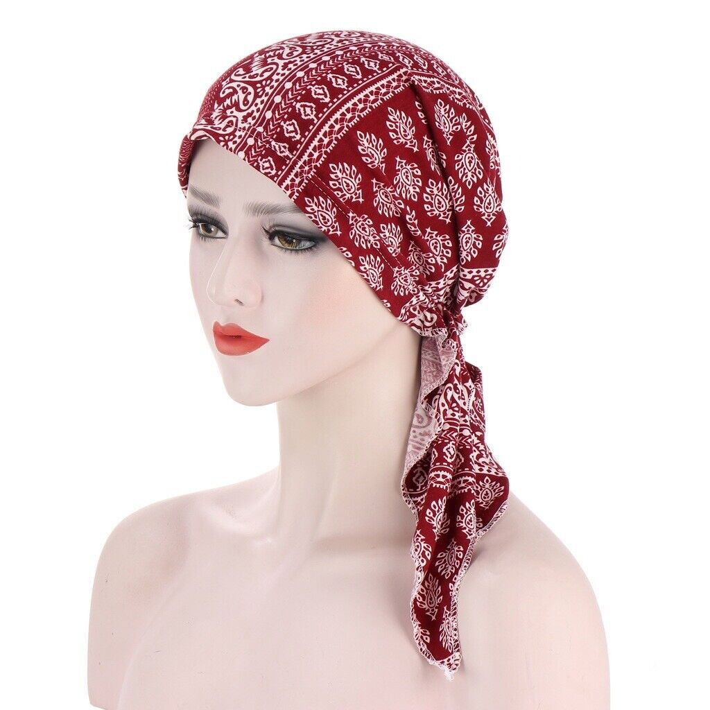 Women's Cancer Hat Chemo Cap Muslim Flower Print HeadWrap Long Head Scarf Turban