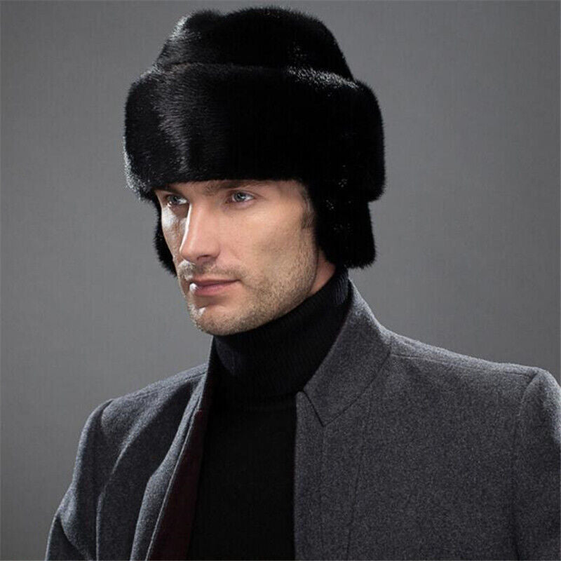 Winter French Style Mens Full-pelt Mink Hats Outdoor Solid Earflaps Hats