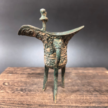 4.6" Old Chinese Purple Bronze Dynasty Beast Face Drinking Vessel Cup Goblet